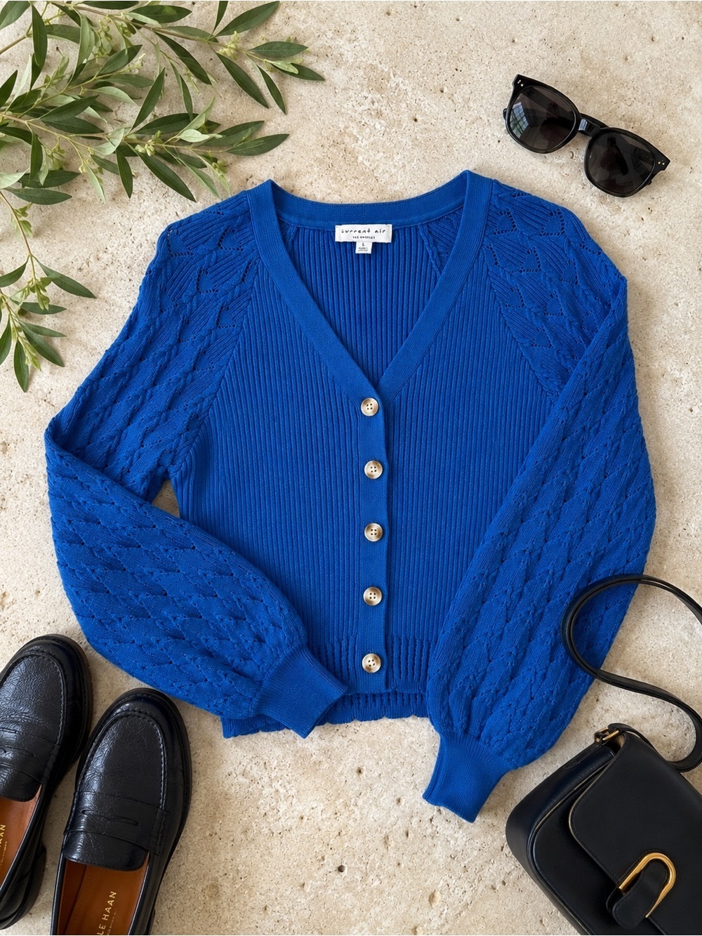 Current Air Cobalt Blue Pointelle Sleeve Cropped Cardigan Sweater L